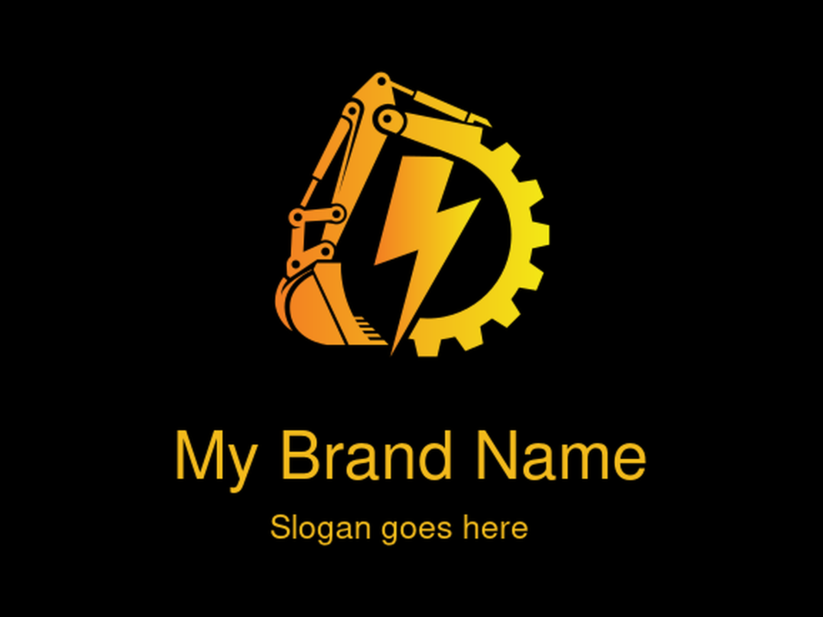 Electro-Mechanical Orange Gradient Excavator, Lightning Bolt, and Gear Cogwheel Logo Design